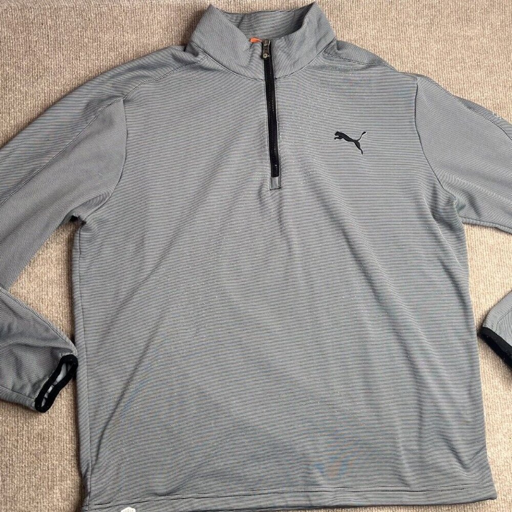 Puma Sweater Mens Large Grey Black Stripe 1/4 Zip Lightweight Fleece Glenmoor